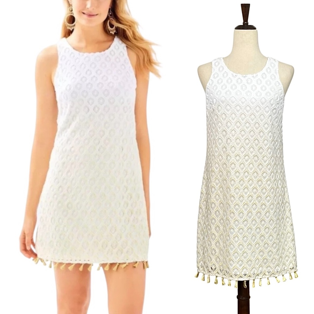 Lilly Pulitzer Marquette Shift Dress S White Gold Ombre Lace Tassel Resort Mini